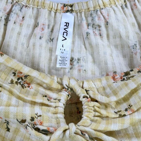 RVCA Dress Gretel Golden Floral Yellow Keyhole Tie Smocked Sides Cotton Mini - Picture 9 of 12